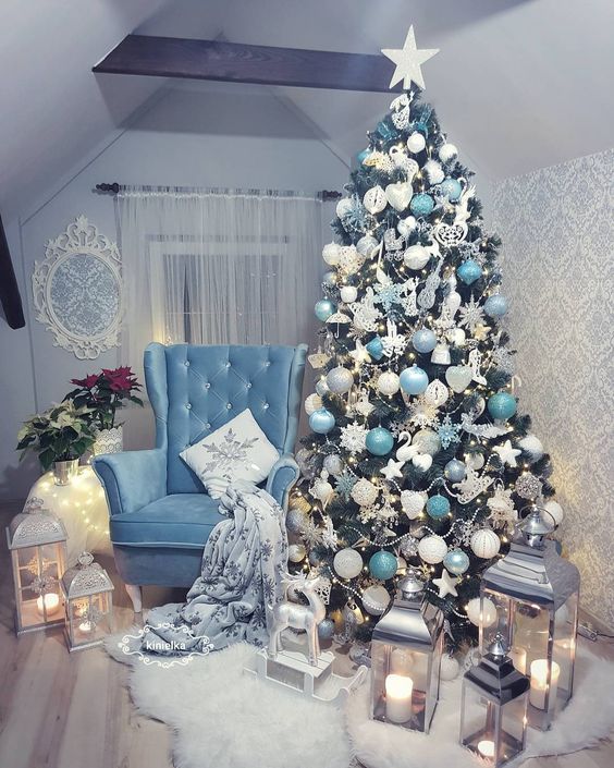 Como decorar un arbol de Navidad Azul Plata y Blanco
