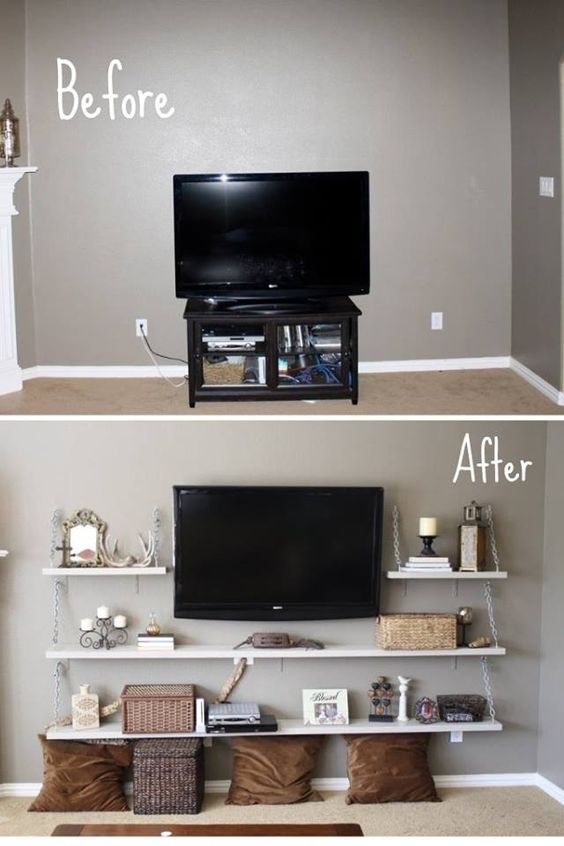 Antes y después de una sala pequeña con televisor gastando muy poco