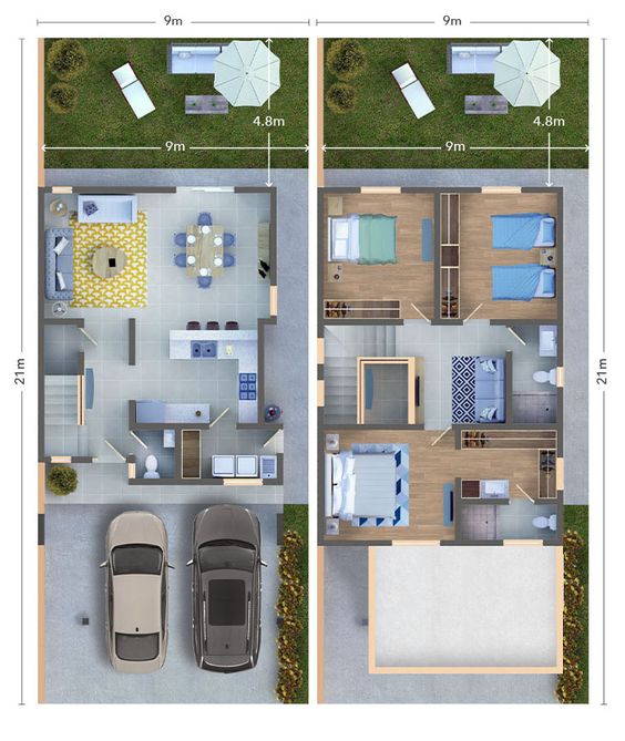 Planos y diseño de duplex con tres dormitorios