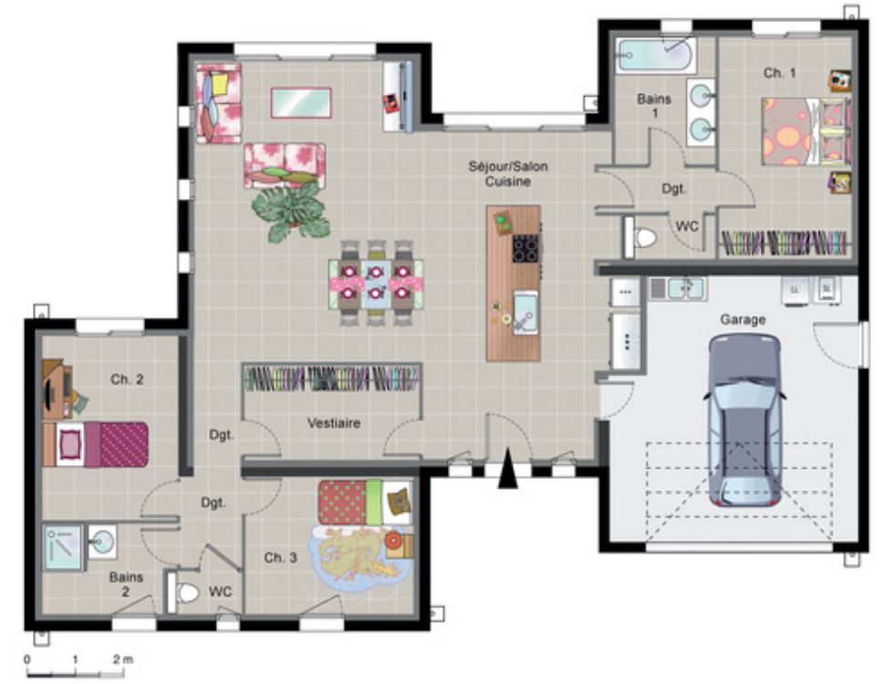 Plano de casa de 3 dormitorios con cochera
