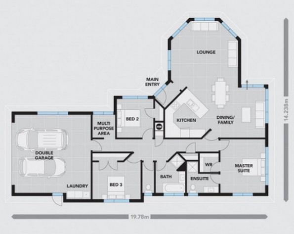 Plano de casa de 3 dormitorios y living con bow window