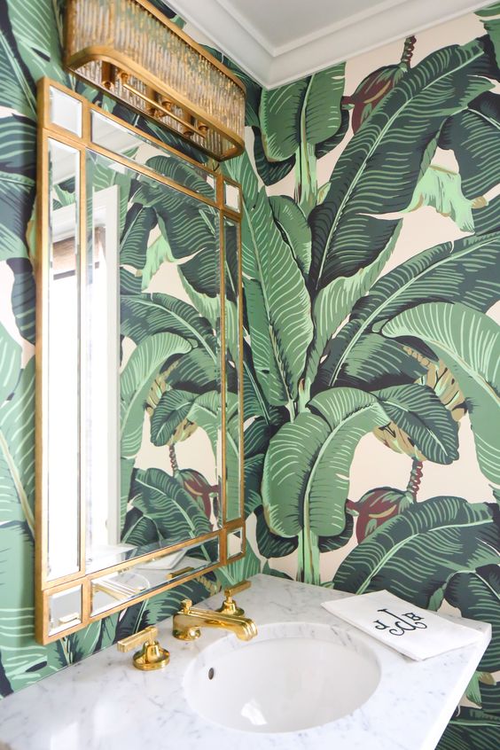 Bathroom wallpaper with tropical accents