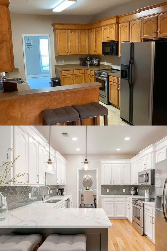 Antes y después de una cocina en blanco y dorado