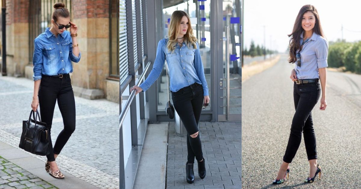 Combinación de blusa de mezclilla y jeans oscuros para outfit moderno con estilo