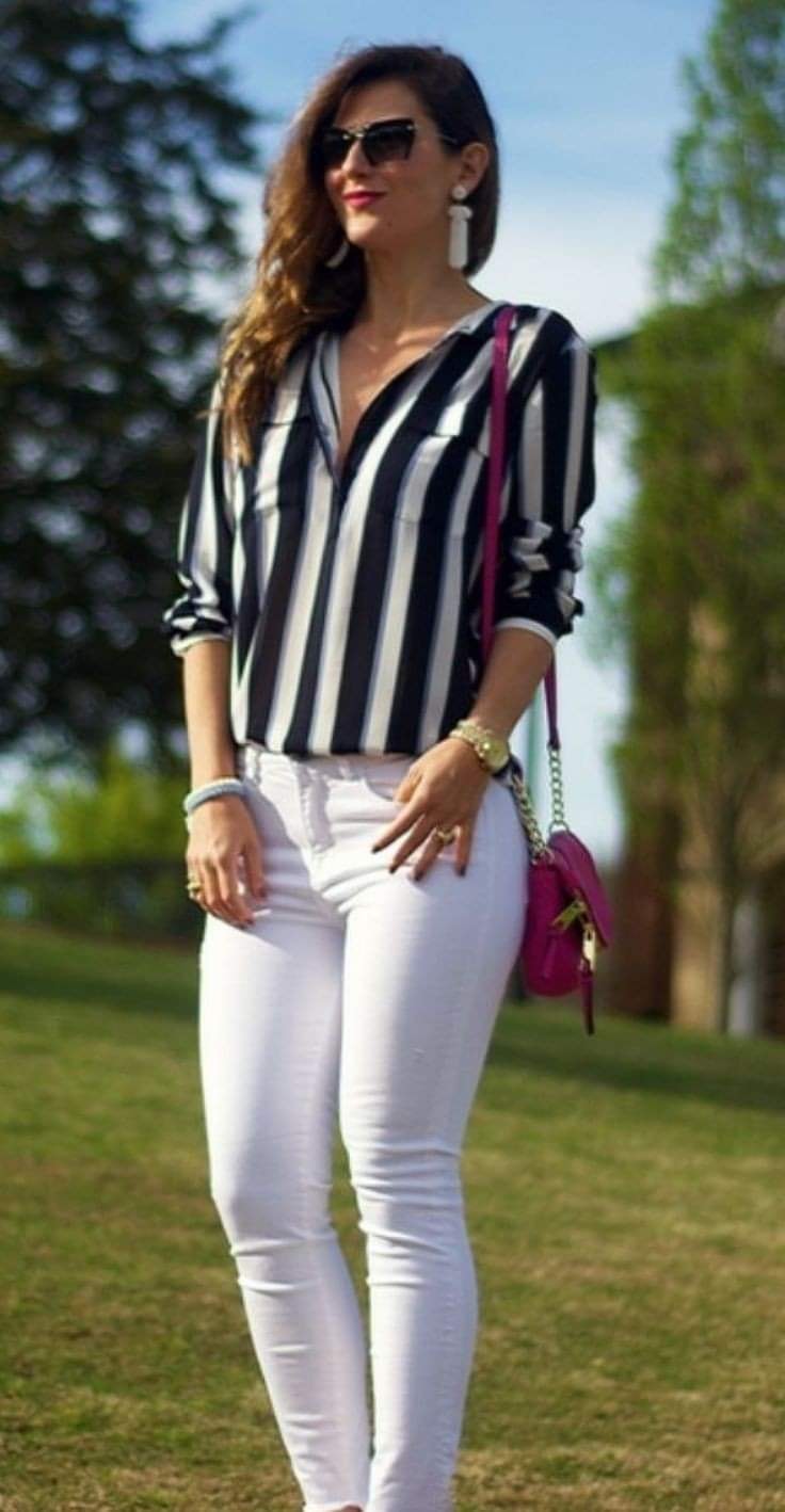 Striped shirts with white jeans